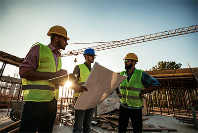 Men in discussion on construction site